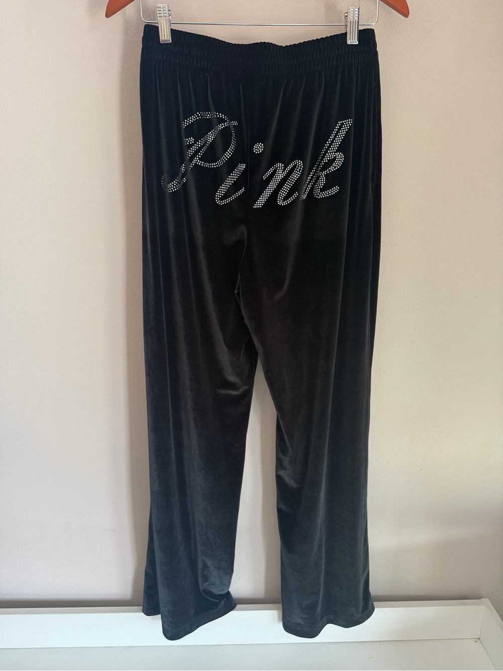 Victoria's Secret PINK Black Velour Rhinestone Logo Wide Leg Lounge Pants M